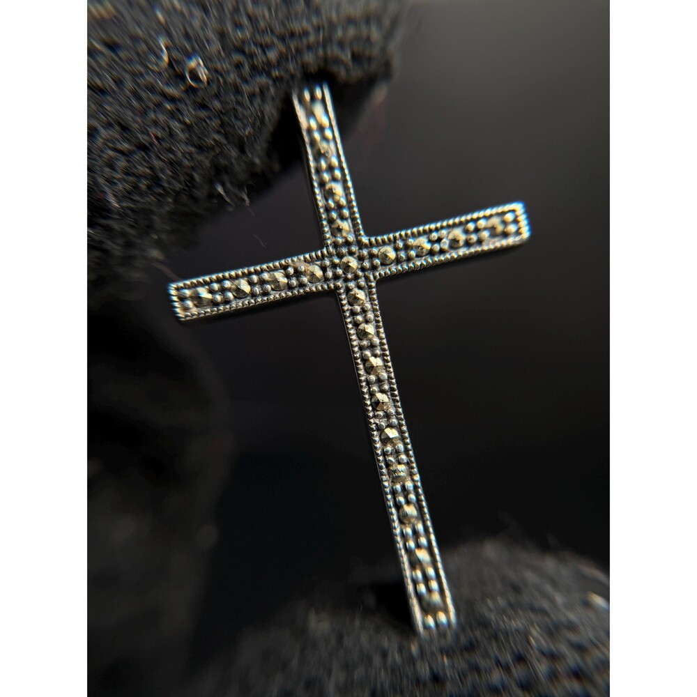Sterling Silver Marcasite Cross Pendant 925 Slide Bail Hidden Bail